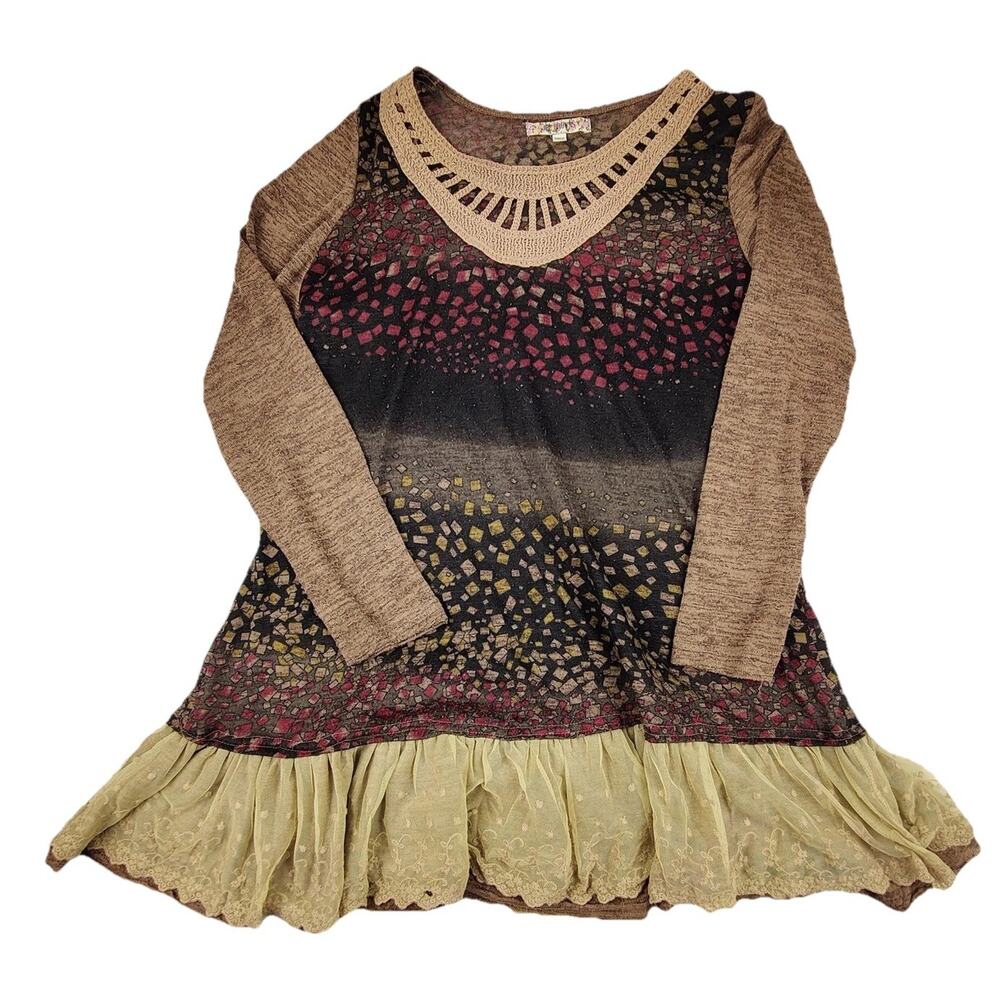 Joe Browns Tunic Blouse Womens 14 Multicolor Long Sleeve Crochet Ruffle Hem Top